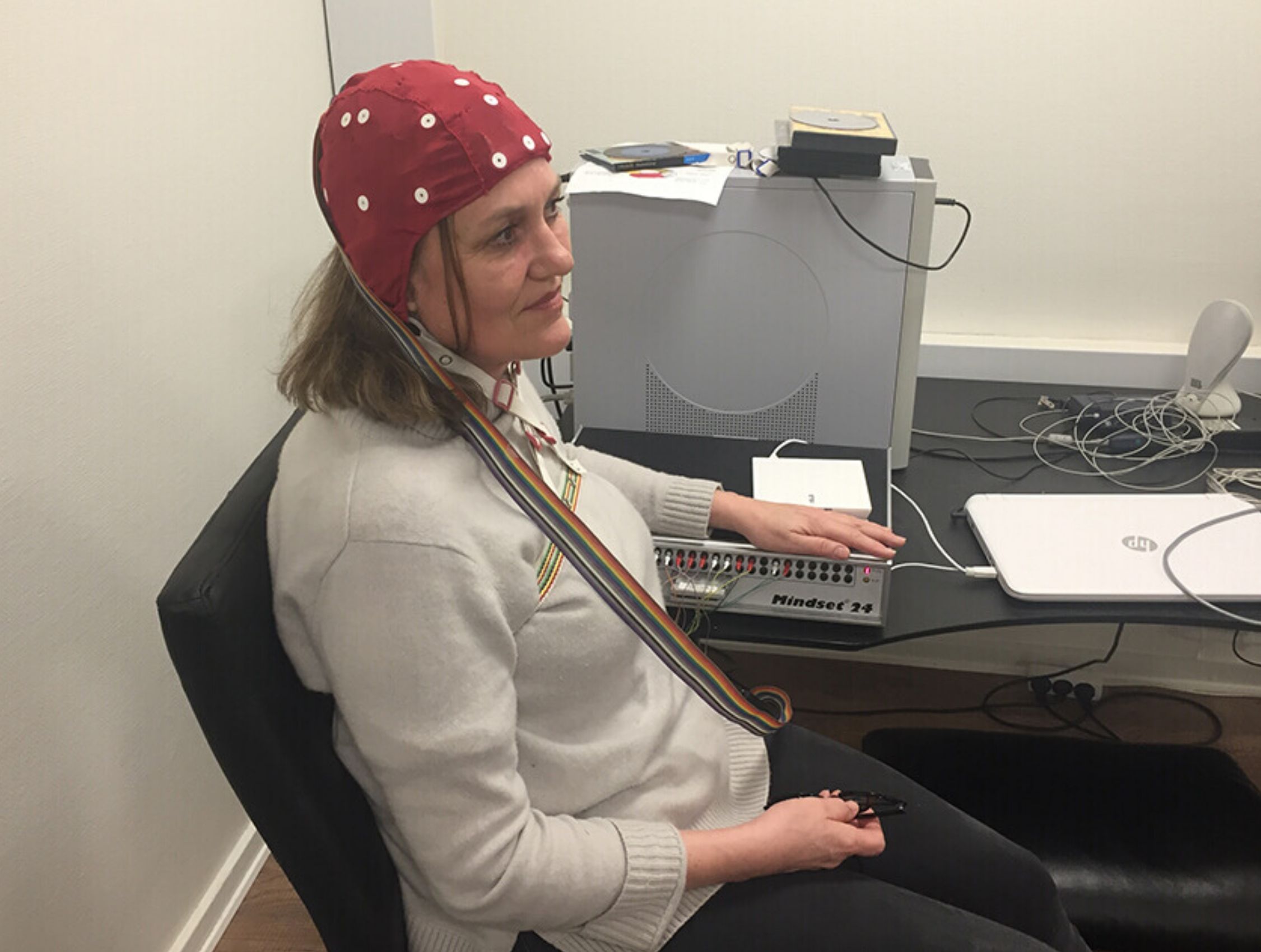 QEEG brain mapping is a measurement of brain activity - with cap and 19 electrodes on the head